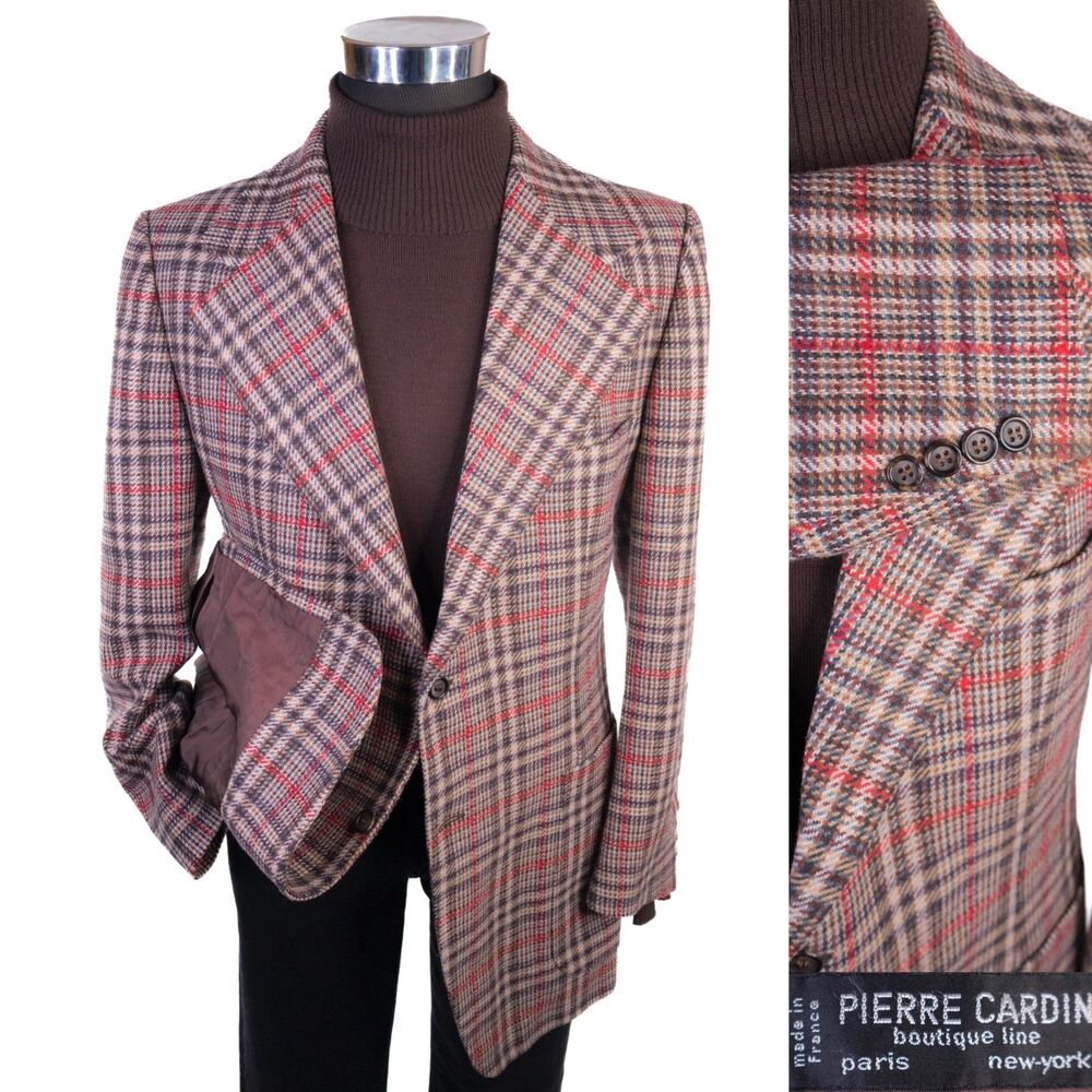 VTG Pierre Cardin Blazer Sport Coat Sz 42R Plaid Wide Lapel Made In France